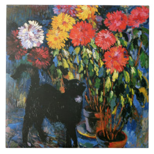 Dahlias and Black Cat, fine art painting, Tile