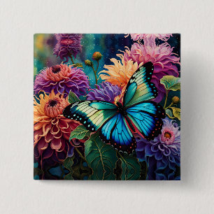 Dahlias And Iridescent  Blue Green Butterfly 15 Cm Square Badge