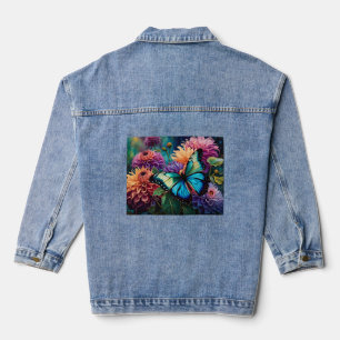Dahlias And Iridescent  Blue Green Butterfly Denim Jacket