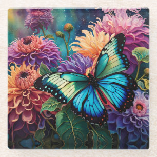 Dahlias And Iridescent Blue Green Butterfly Glass Coaster