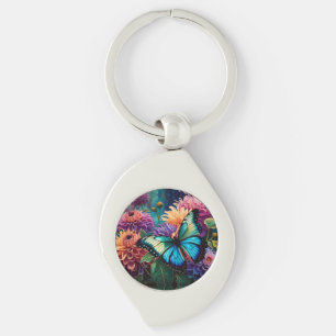 Dahlias And Iridescent Blue Green Butterfly Key Ring
