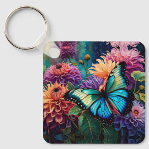 Dahlias And Iridescent Blue Green Butterfly Key Ring