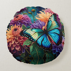 Dahlias And Iridescent Blue Green Butterfly Round Cushion