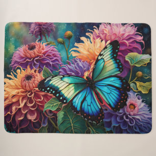 Dahlias And Iridescent Blue Green Butterfly Sherpa Blanket