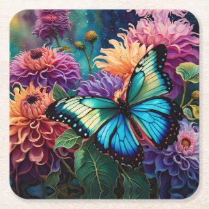 Dahlias And Iridescent  Blue Green Butterfly Square Paper Coaster
