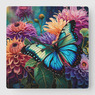Dahlias And Iridescent  Blue Green Butterfly Square Wall Clock