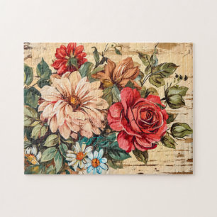 Dahlias and Roses on Cracked Wooden Wall Jigsaw Puzzle
