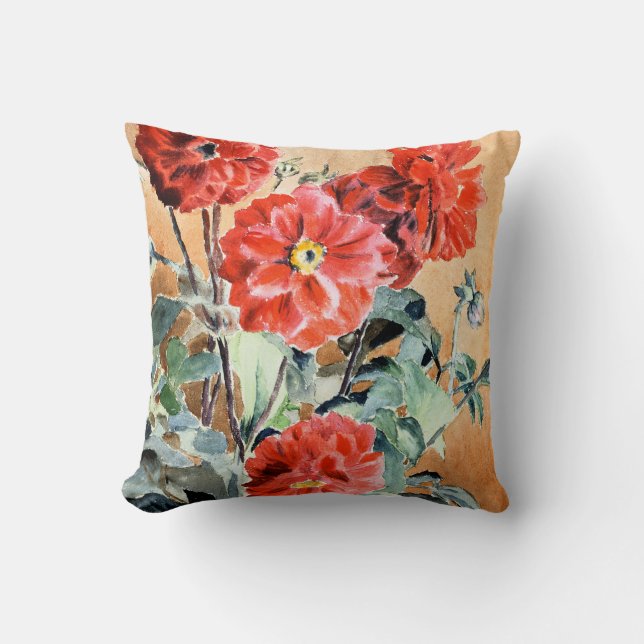 Dahlias, botanical watercolor painting cushion (Front)