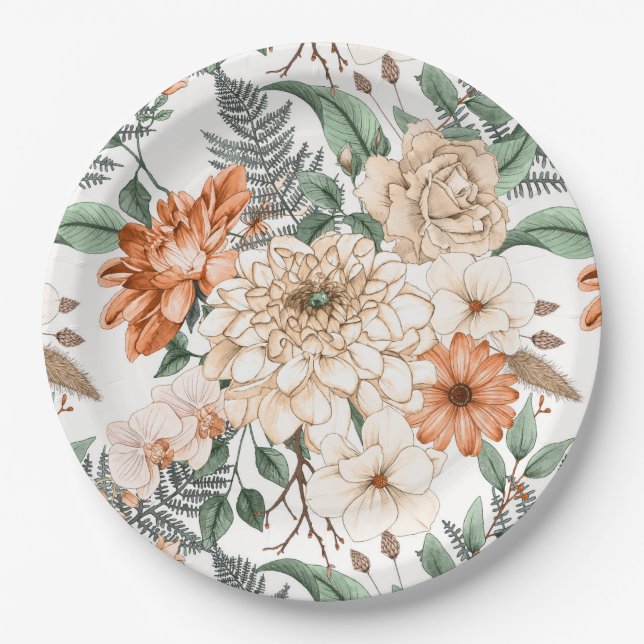 Dahlias daisy ferns greenery peach white romantic paper plate (Front)