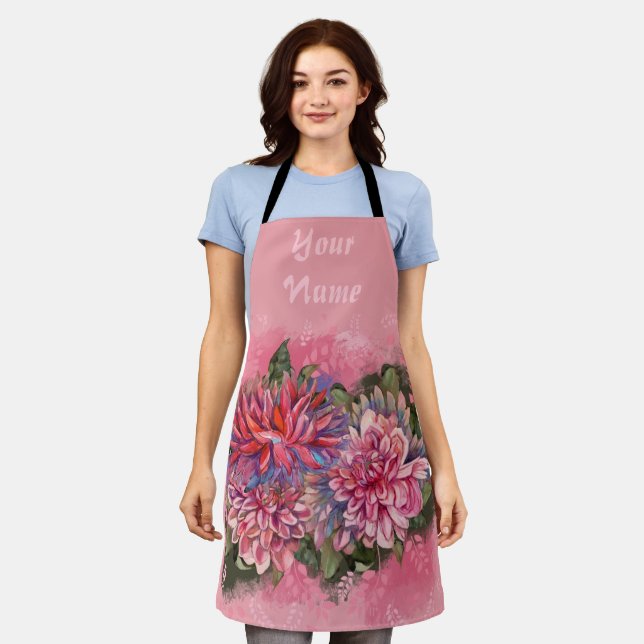 Dahlias flowers pink watercolor apron (Worn)