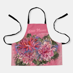 Dahlias flowers pink watercolor apron