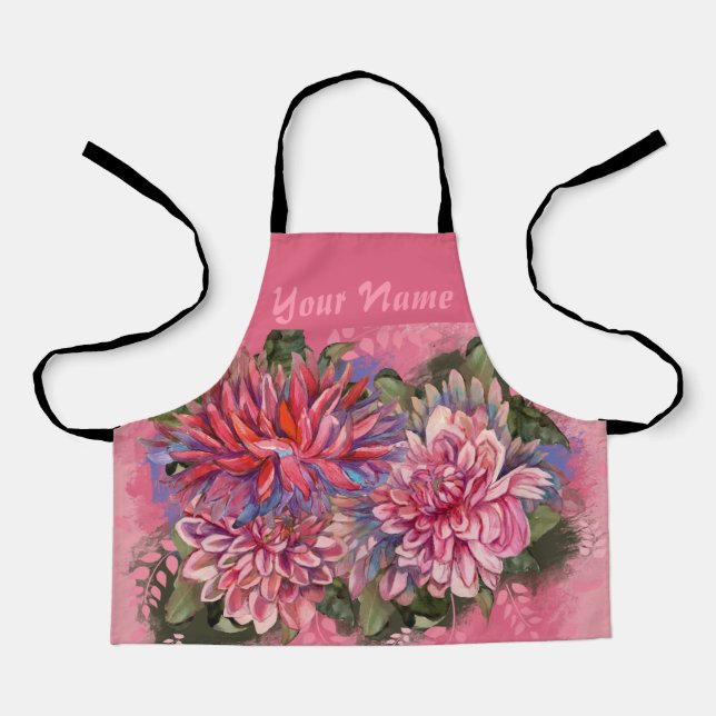 Dahlias flowers pink watercolor apron (Front)