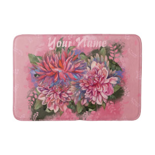 Dahlias flowers pink watercolor bath mat
