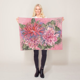 Dahlias flowers pink watercolor pattern fleece blanket