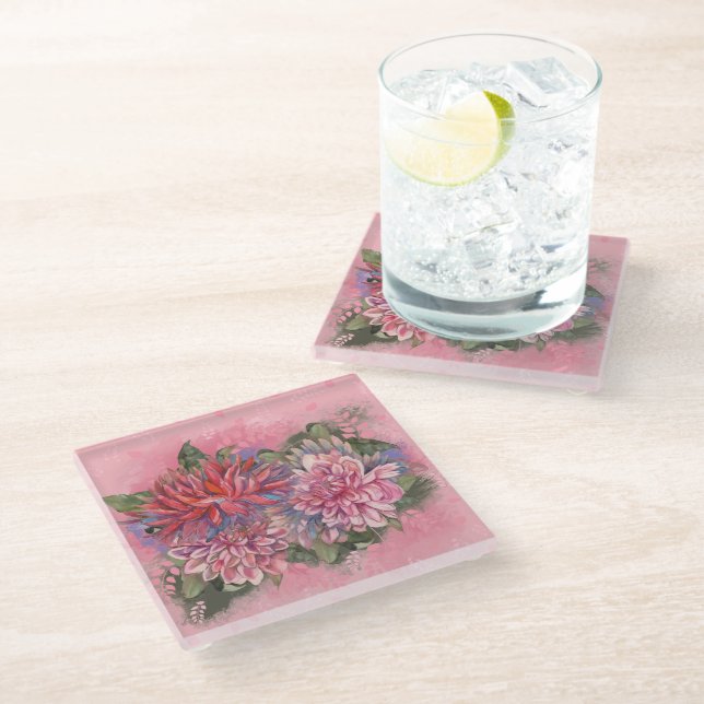 Dahlias flowers pink watercolor pattern glass coaster (Angled)