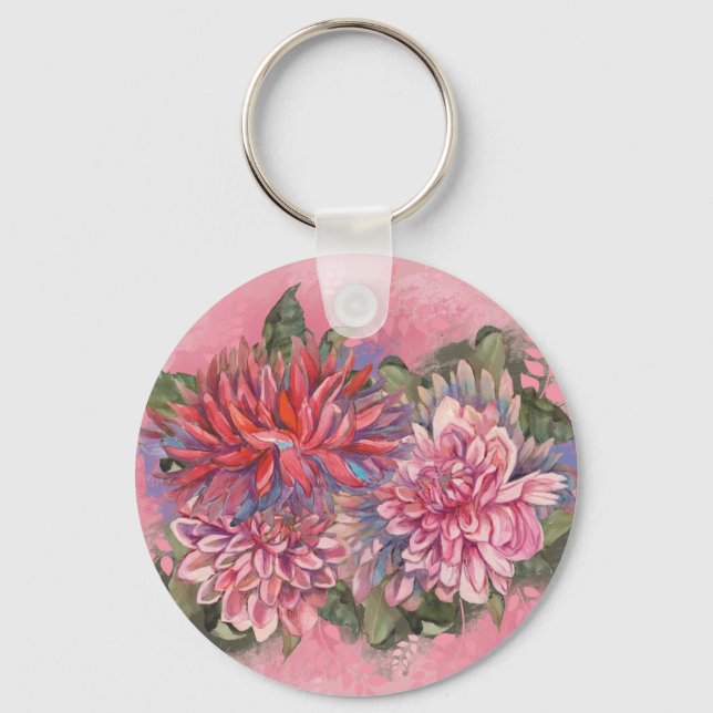 Dahlias flowers pink watercolor pattern key ring (Front)