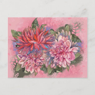 Dahlias flowers pink watercolor pattern postcard