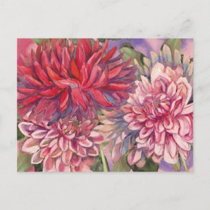 dahlias flowers watercolor postcard