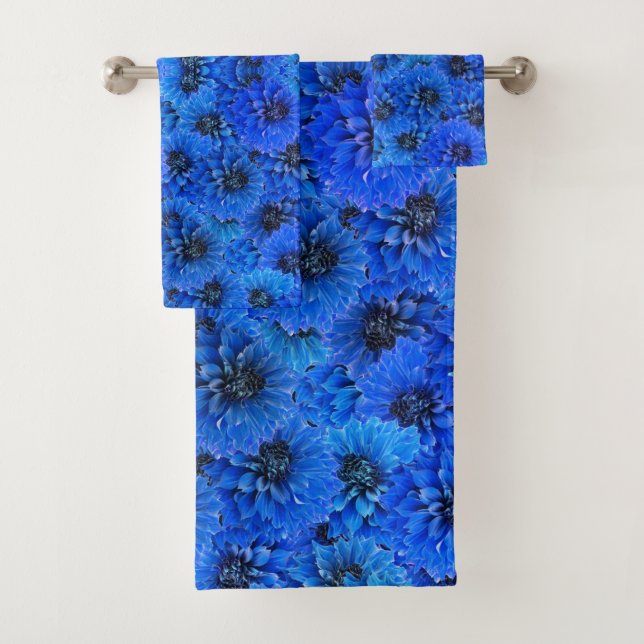 Dahlias in royal blue - floral design,  bath towel set (Insitu)