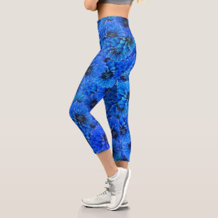 Dahlias in royal blue - floral design, capri leggings