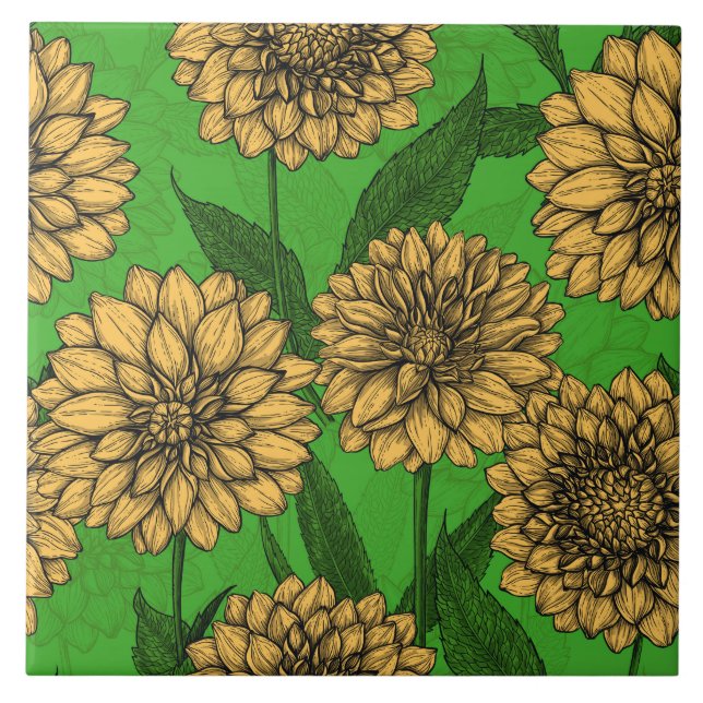 Dahlias in yellow and green tile (Front)