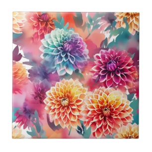 Dahlias Watercolor Floral Tile