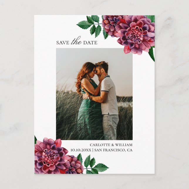 Dahlias. Watercolor garden floral Save the Date Postcard (Front)