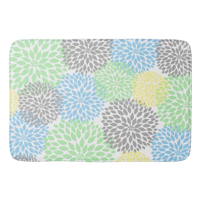 Dahlias Yellow Grey Blue Mint floral bath decor Bath Mat (Front)