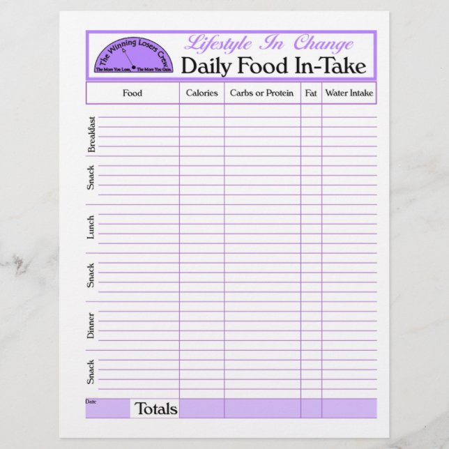 Daily Food In-Take page, for Lifestyle Change Flyer (Front)