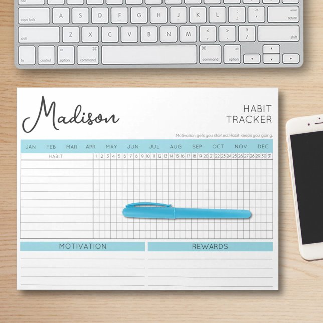 Daily Habit Tracker Motivational Blue Script Name  Notepad (Daily Habit Tracker Motivational Blue Script Name Notepad)