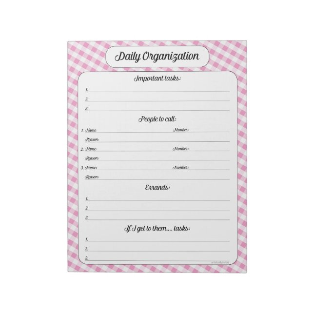 Daily Organisation - Pink Gingham Notepad (Rotated)