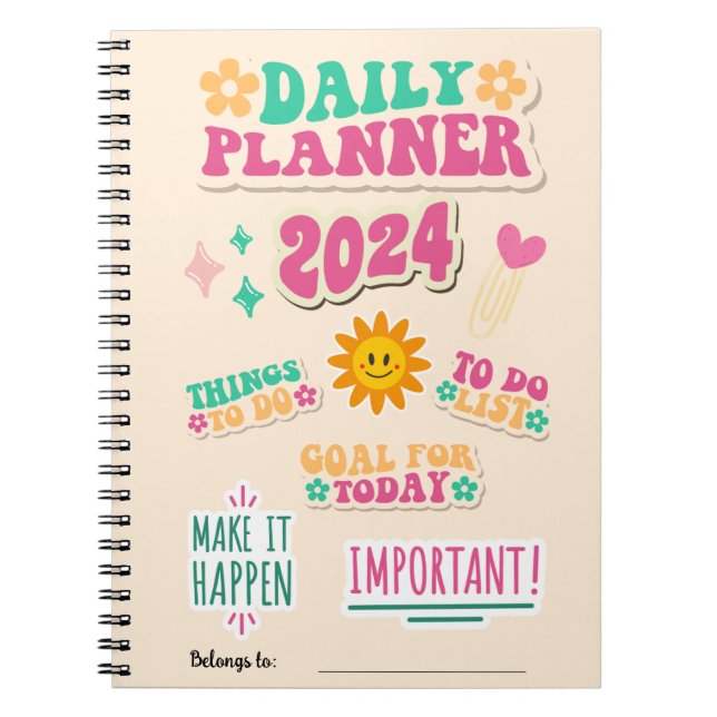 Daily Planner Notebook with Happy Face Sun (Front)