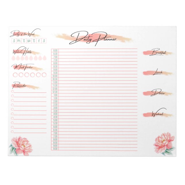 Daily Planner Peach Rose, Daily Schedule Notepad (Front)