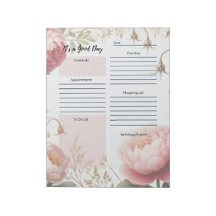 Daily Planner Peonies Floral Border Notepad