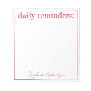Daily Reminders Red Simple Personalised Notepad