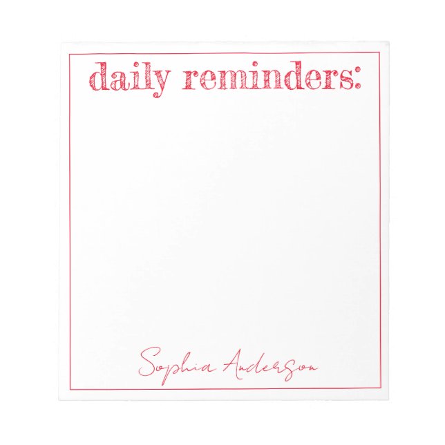 Daily Reminders Red Simple Personalised Notepad (Front)