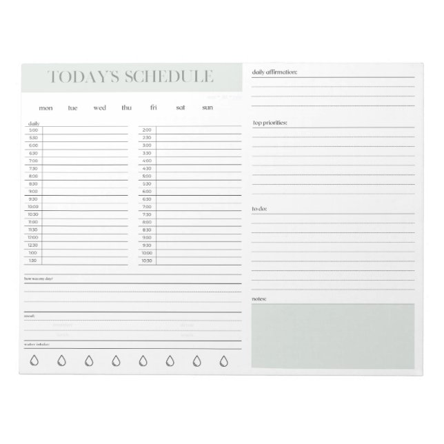 Daily Schedule Planning Notepad - Mint (Front)