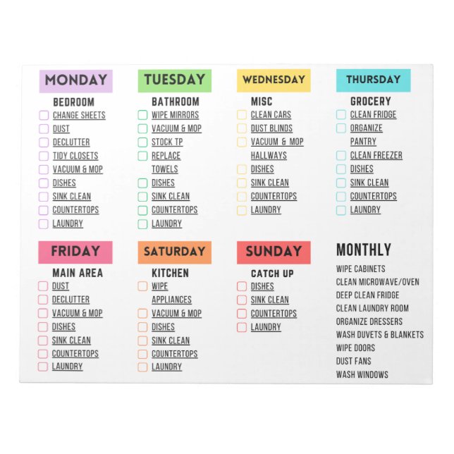 Daily/Weekly Cleaning Checklist Notepad (Front)