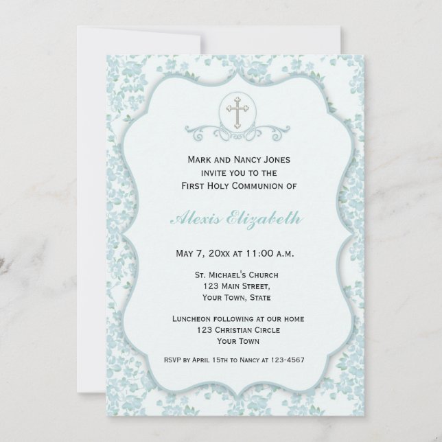 Dainty Blue Floral Religious Invitation (Front)