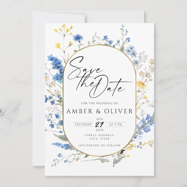 Dainty Blue Flowers Wild Floral Boho Save The Date Invitation (Front)