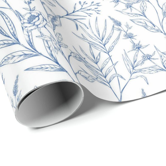 Dainty Blue French Toile Floral Wrapping Paper (Roll Corner)