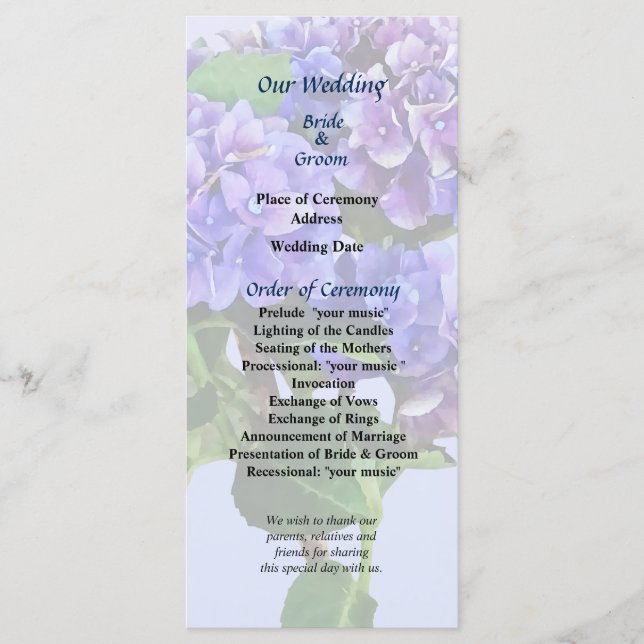 Dainty Blue Hydrangea Wedding Program Programme (Front)