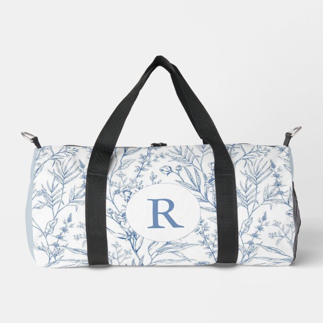 Dainty Blue & White Floral Monogram Duffel Bag (Front)