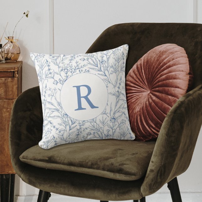 Dainty Blue & White French Floral Monogram Cushion (Dainty Blue & White French Floral Monogram Throw Pillow
)