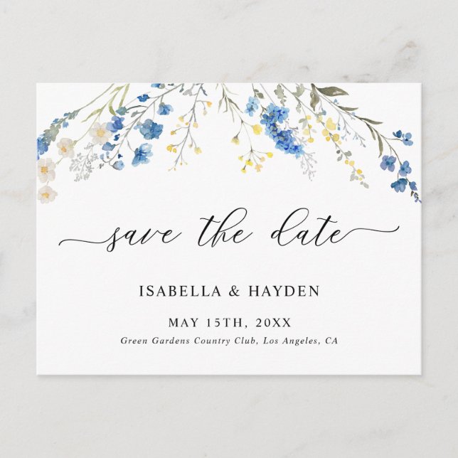 Dainty Blue Wild Flowers Navy Floral Save The Date Announcement Postcard (Front)