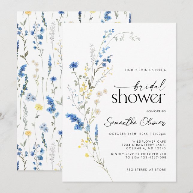 Dainty Blue Wild Flowers Simple Navy Bridal Shower Invitation (Front/Back)