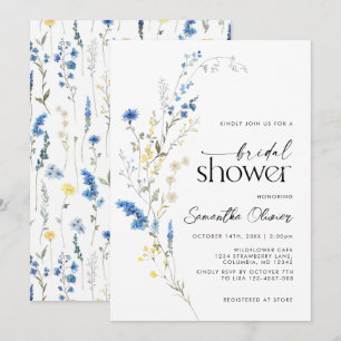 Dainty Blue Wild Flowers Simple Navy Bridal Shower Invitation