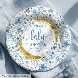 Dainty boho pastel blue flowers gold personalised paper plate