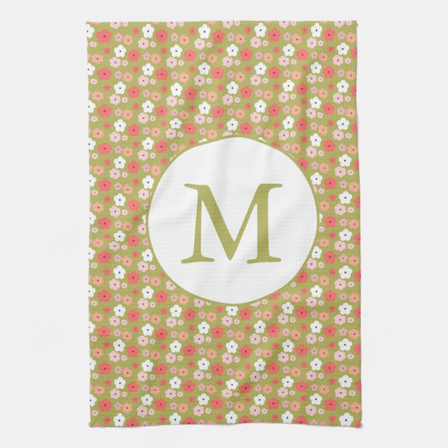 Dainty Boho Woodland Floral Pattern Green Monogram Tea Towel (Vertical)