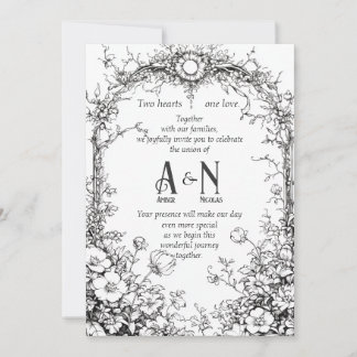 Dainty Botanical Rustic, Black & White Invitation